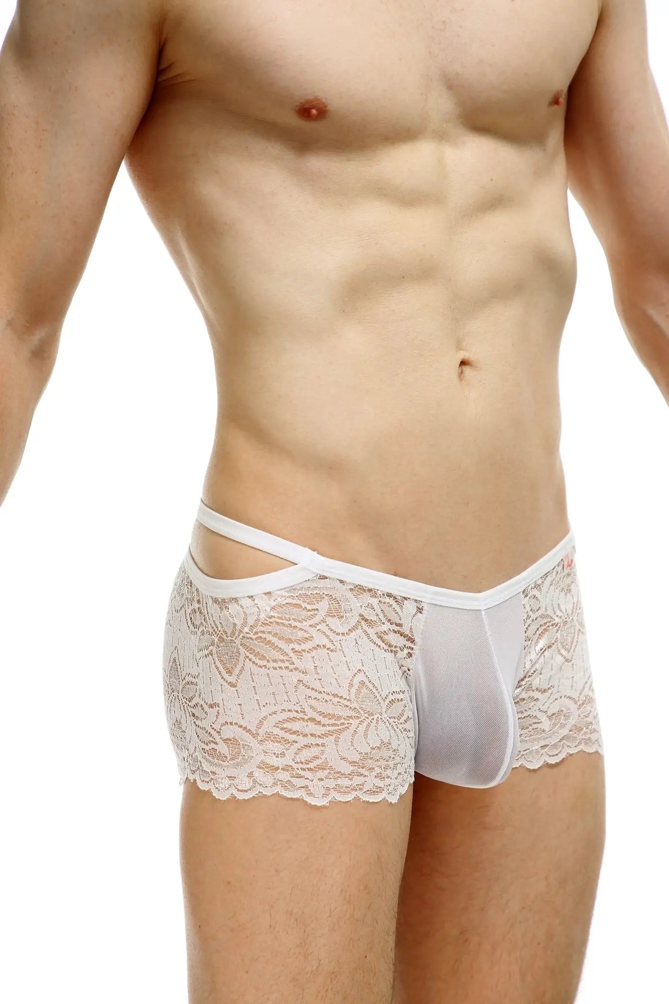 White lace-trimmed men’s briefs boxer baden lace in sheer mesh with crossed waistband design