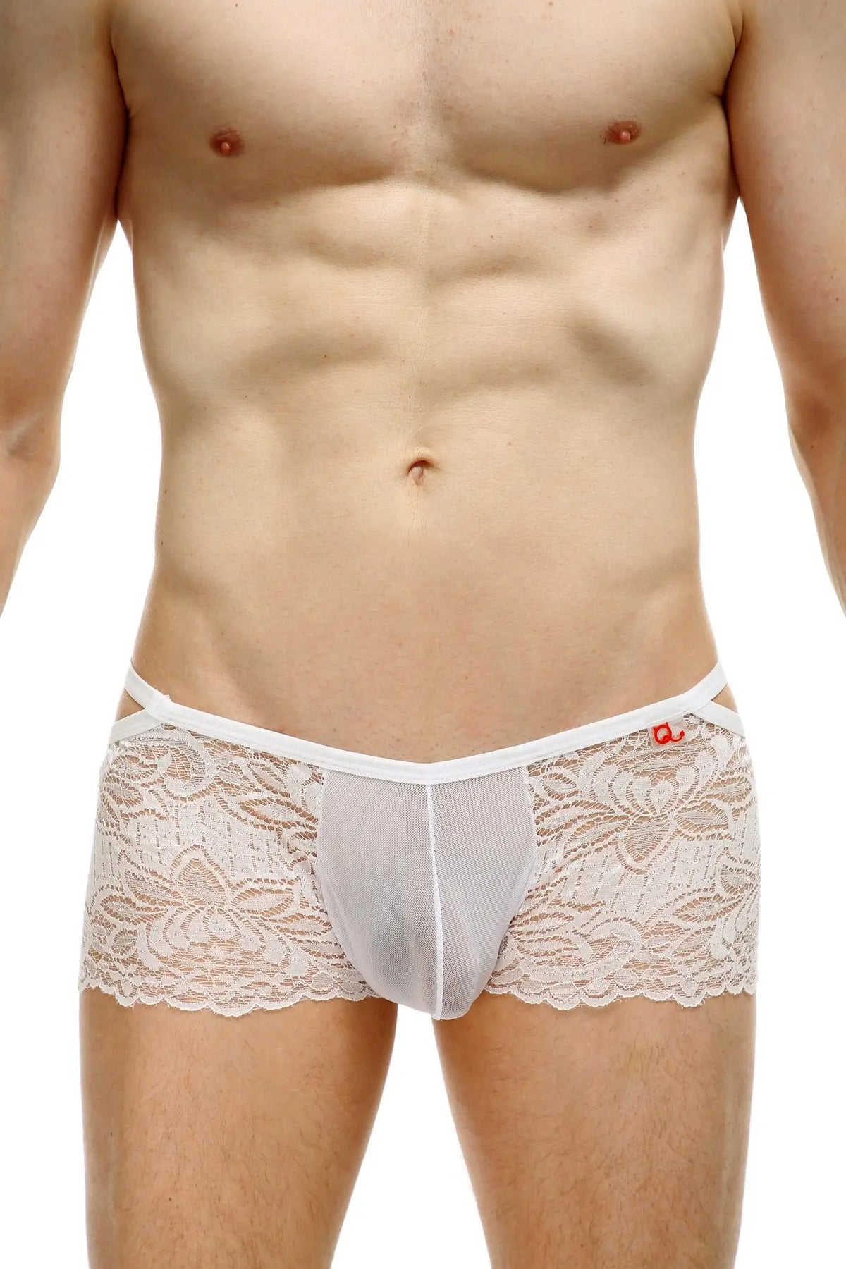 White lace-trimmed boxer baden lace white men’s underwear with sheer mesh front panel and elastic waistband