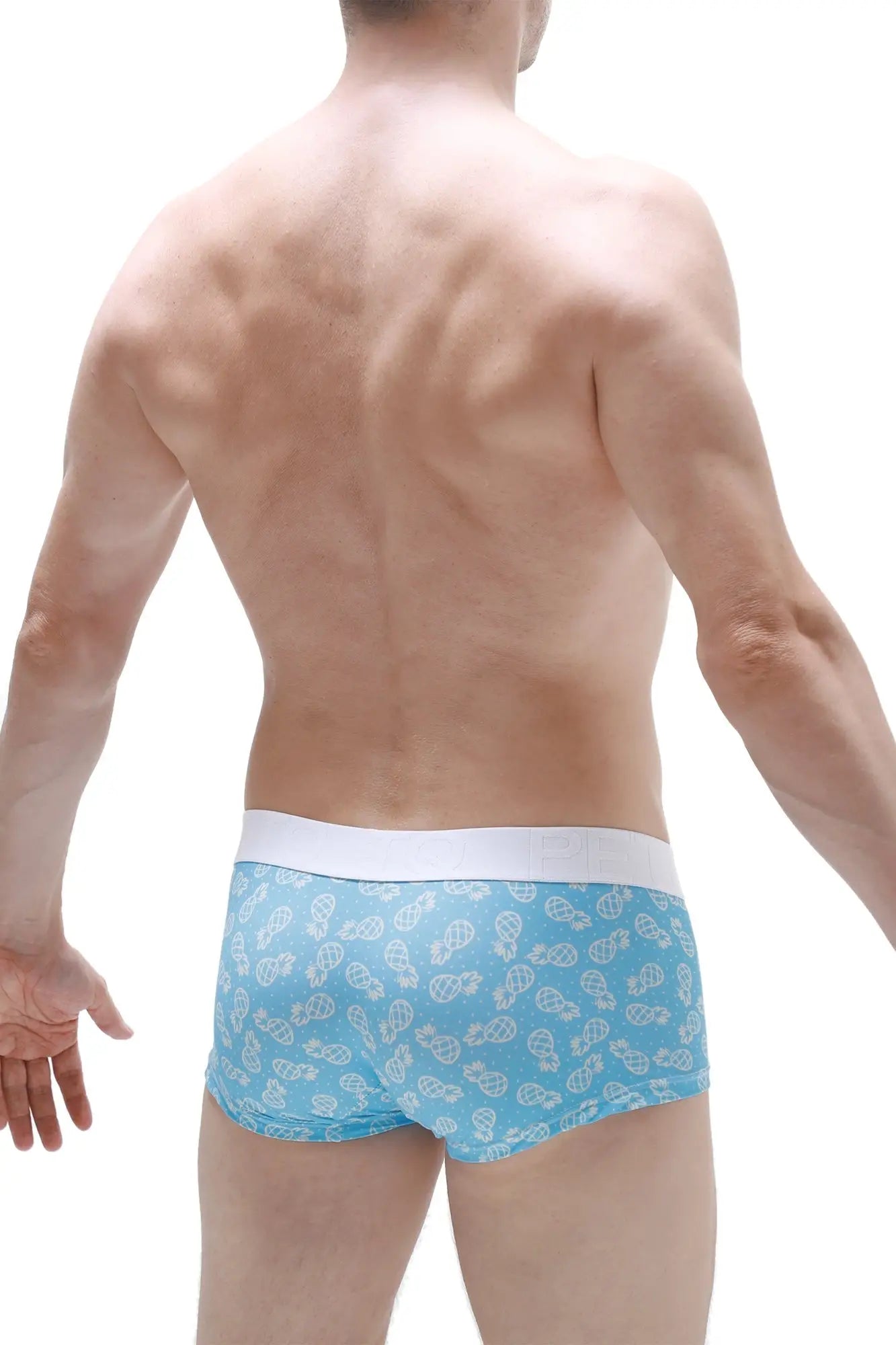 Light blue boxer briefs ananas with white waistband and small white stylized pineapple pattern for daily wear
