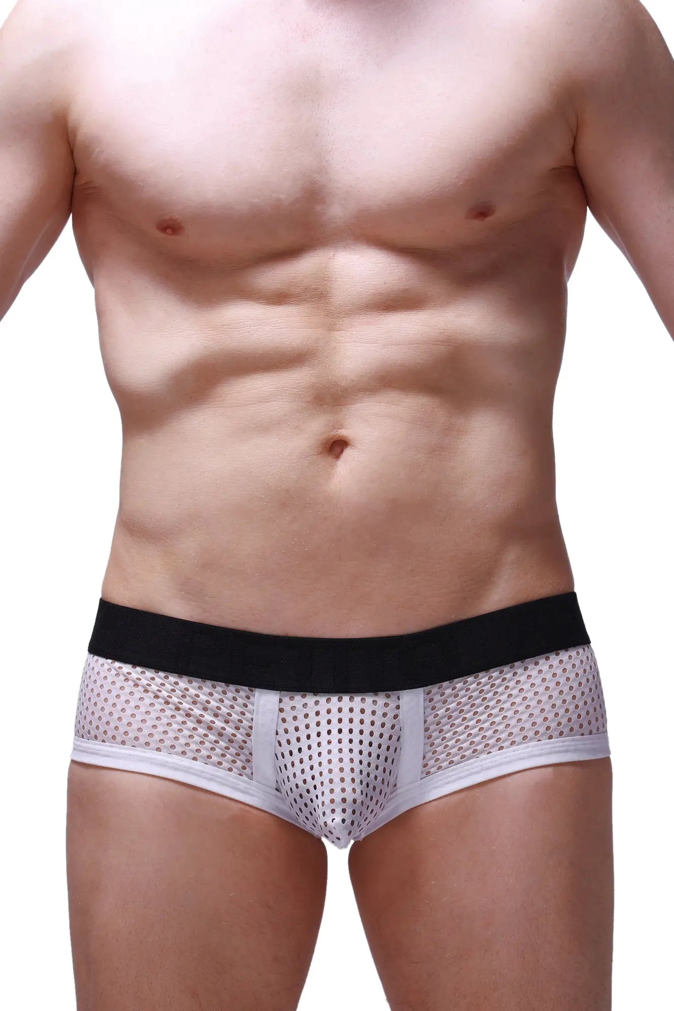 White mesh boxer brief chill durtol with black waistband and white trim front view