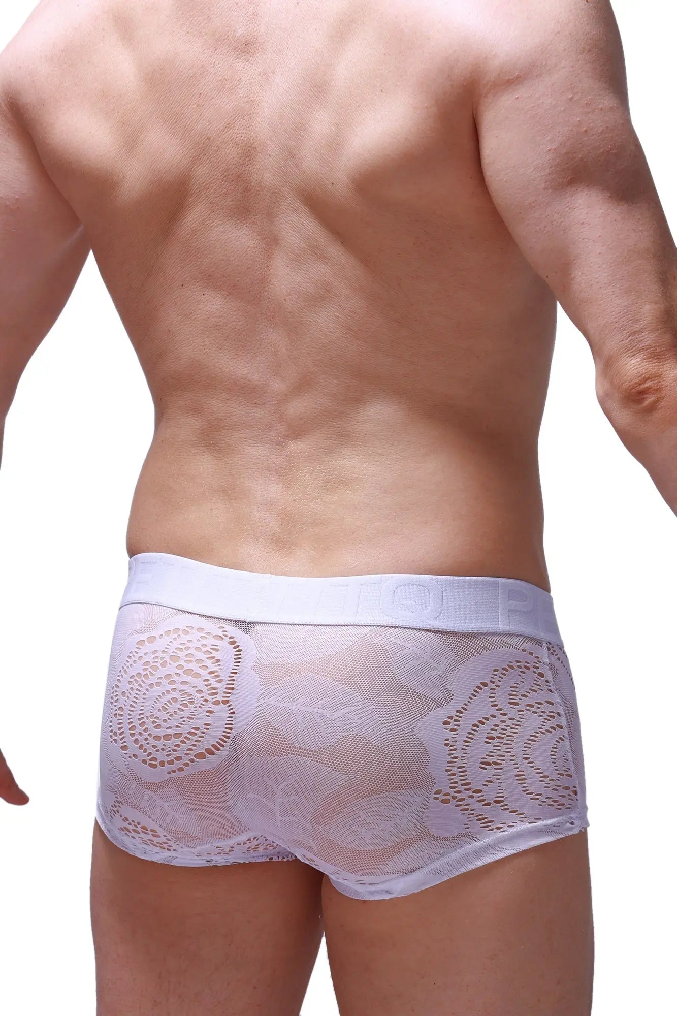 White boxer brief dome coudray with lace trim sheer mesh design and elastic waistband for comfortable wear