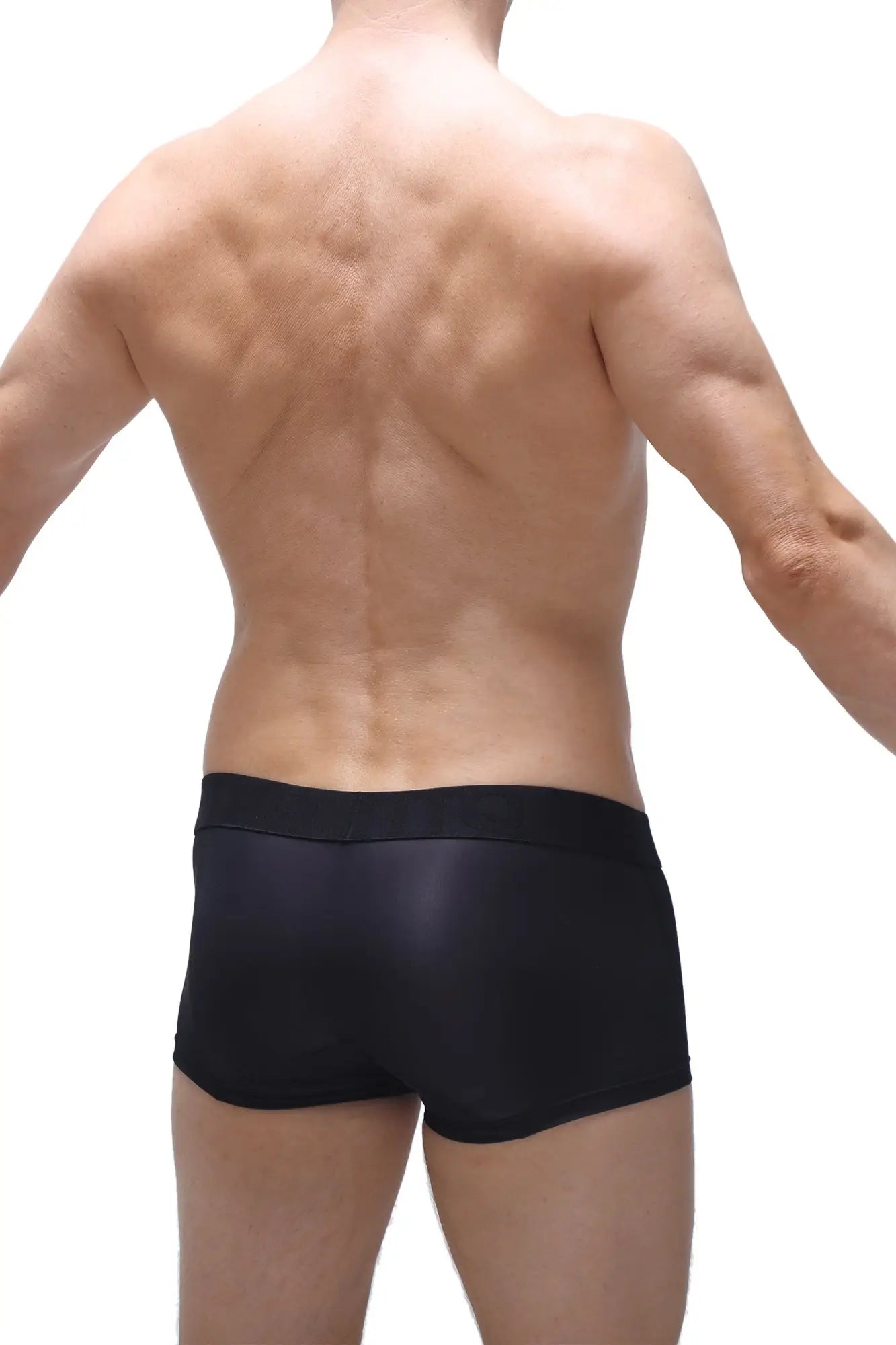 Black sleek-fitting boxer brief dome voile with a smooth matte finish designed for comfortable everyday wear