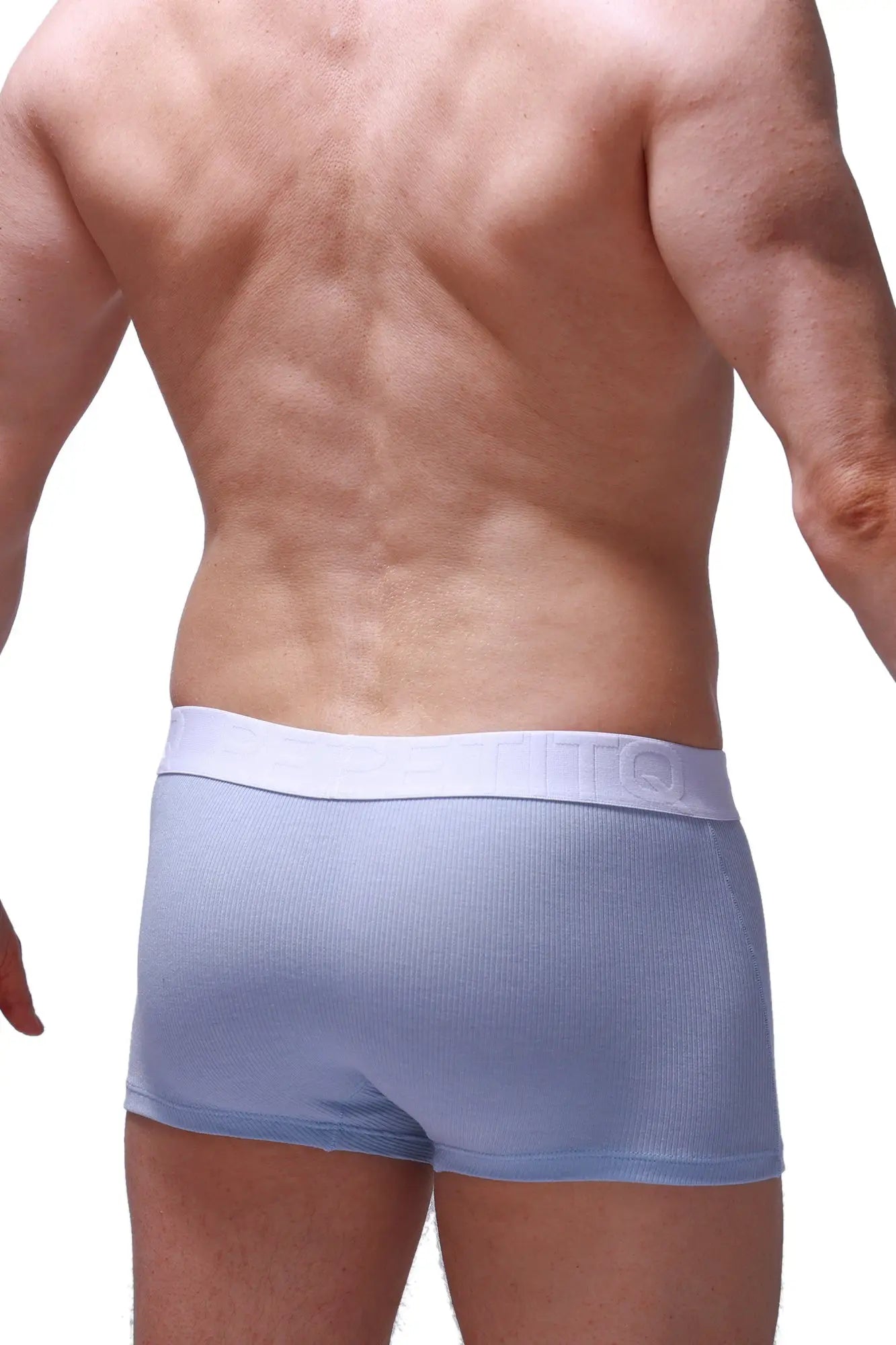Light blue ribbed men’s boxer briefs with white elastic waistband featuring brand logo in sky blue color