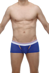 Boxer brief Huleu Macra blue made of blue mesh with a white waistband featuring red and blue stripes