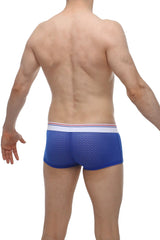 Boxer brief huleu macra blue mesh briefs with white waistband featuring thin red and blue stripes front view