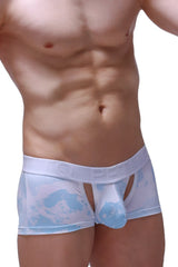 Light blue and white patterned men’s boxer briefs with mesh design in huleu marbre sky blue color