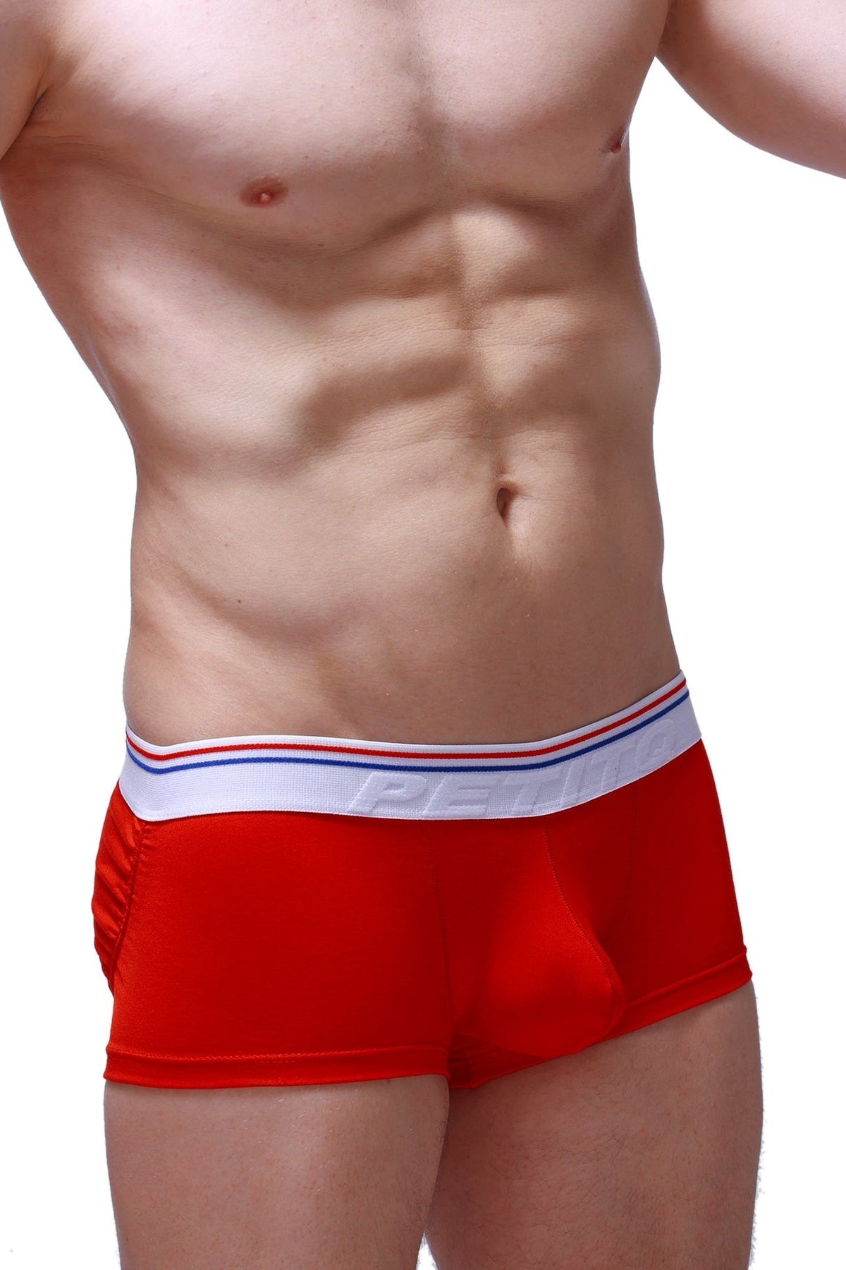 PetitQ boxer push-up red men’s briefs with a white elastic waistband featuring red and blue stripes and peak branding
