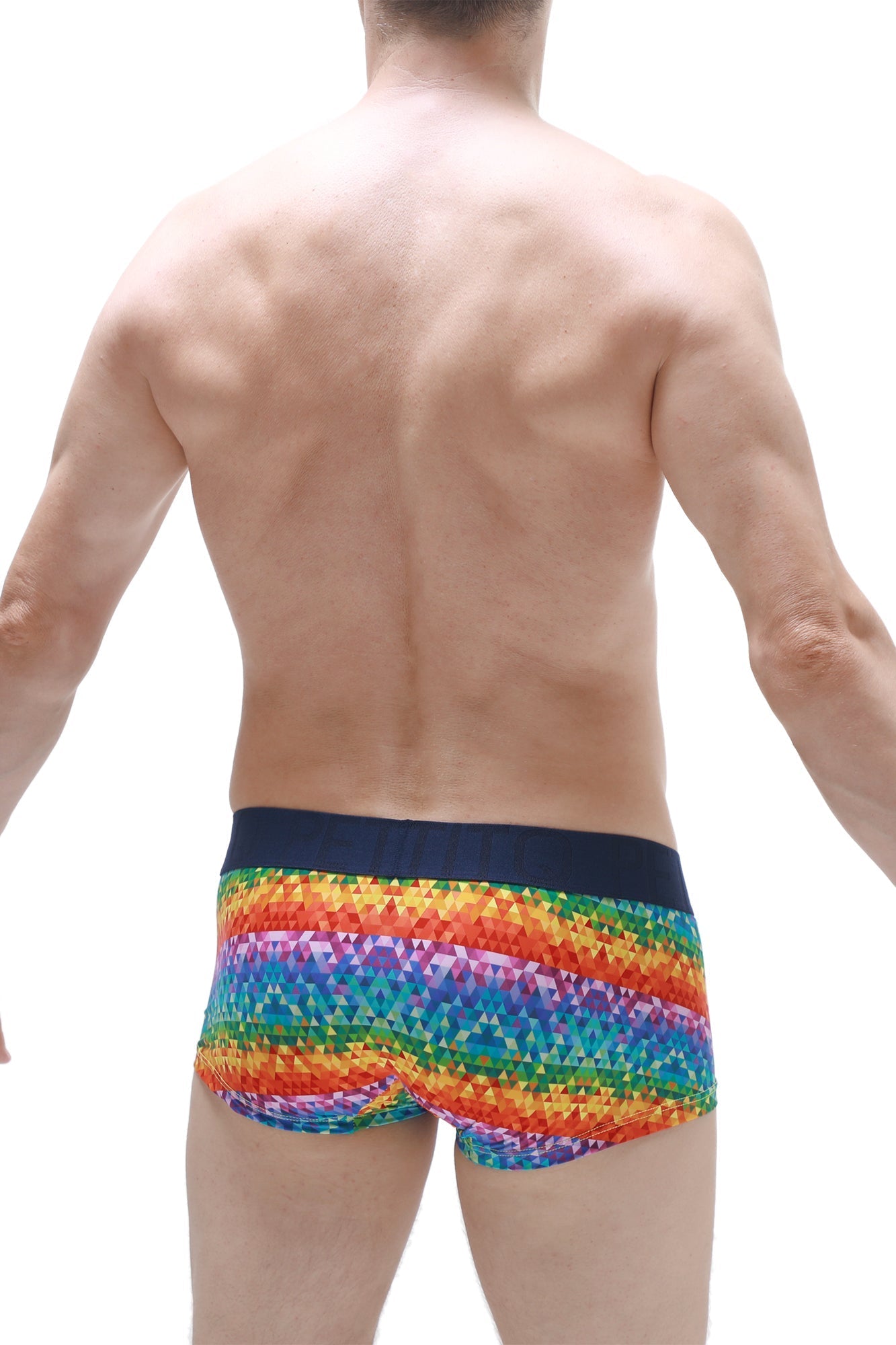 PetitQ boxer brief kaleidoscope rainbow-colored geometric patterned men’s briefs with a solid navy waistband