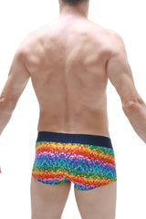PetitQ boxer brief kaleidoscope rainbow-colored geometric patterned men’s briefs with a solid navy waistband