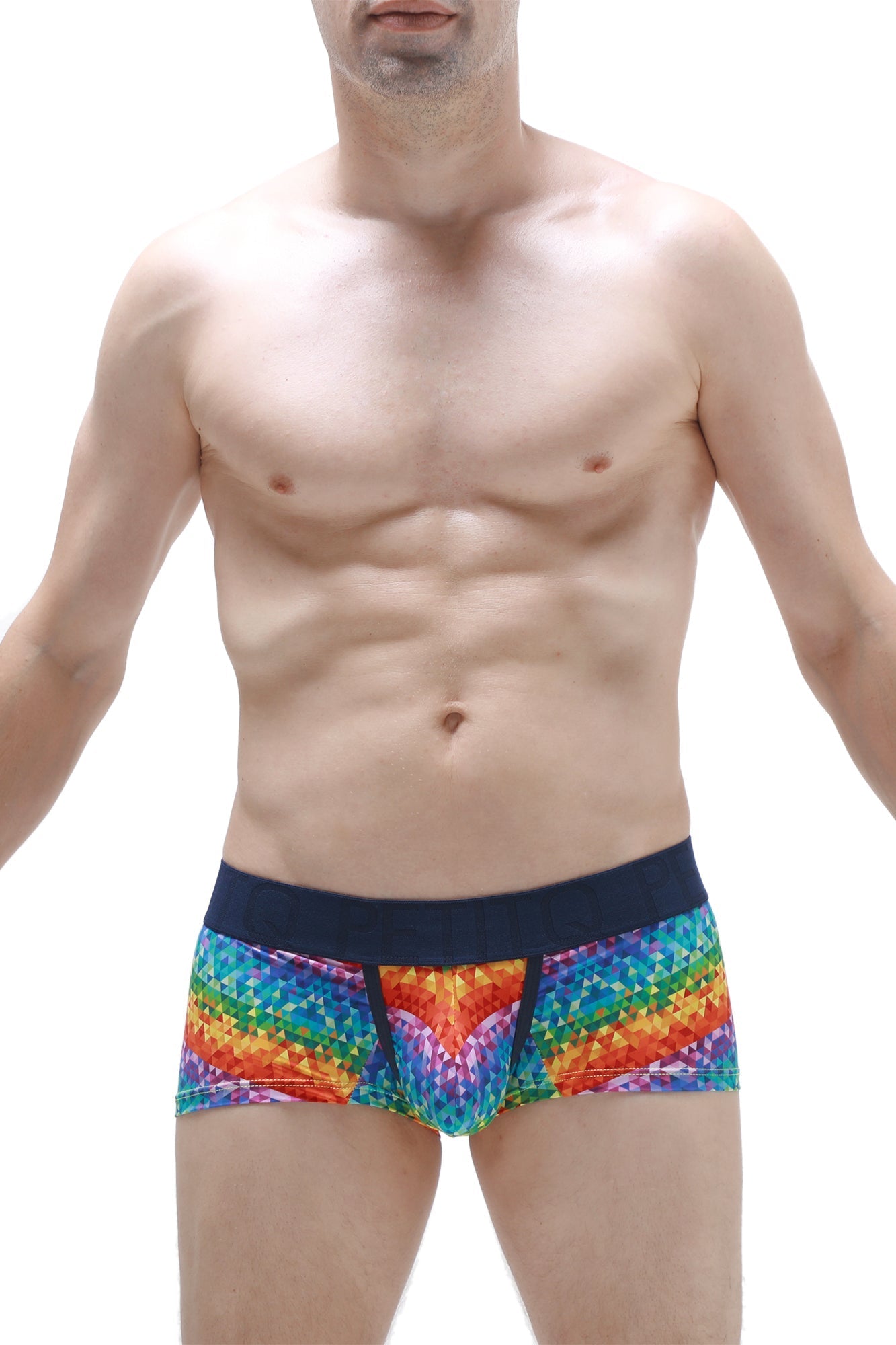 PetitQ boxer brief kaleidoscope featuring rainbow-colored geometric pattern and solid navy waistband for men