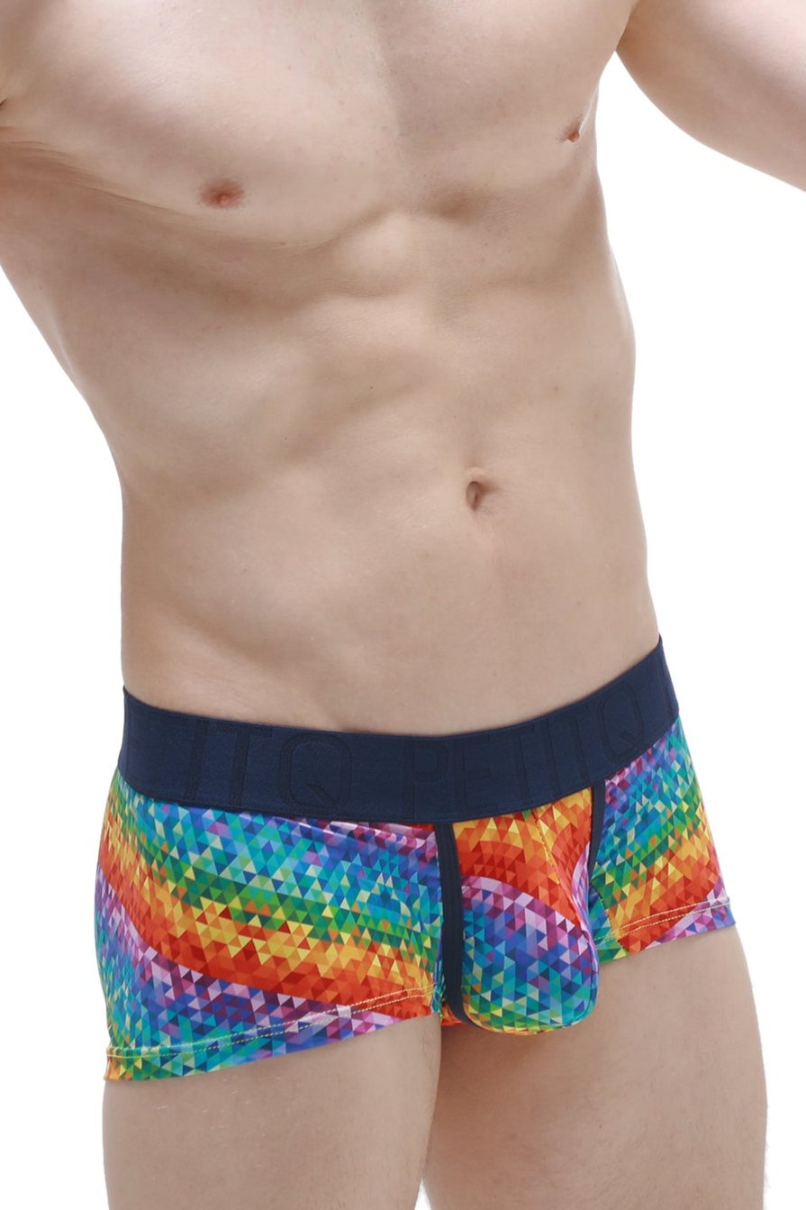 PetitQ boxer brief kaleidoscope rainbow-colored geometric pattern men’s briefs with solid navy waistband front view
