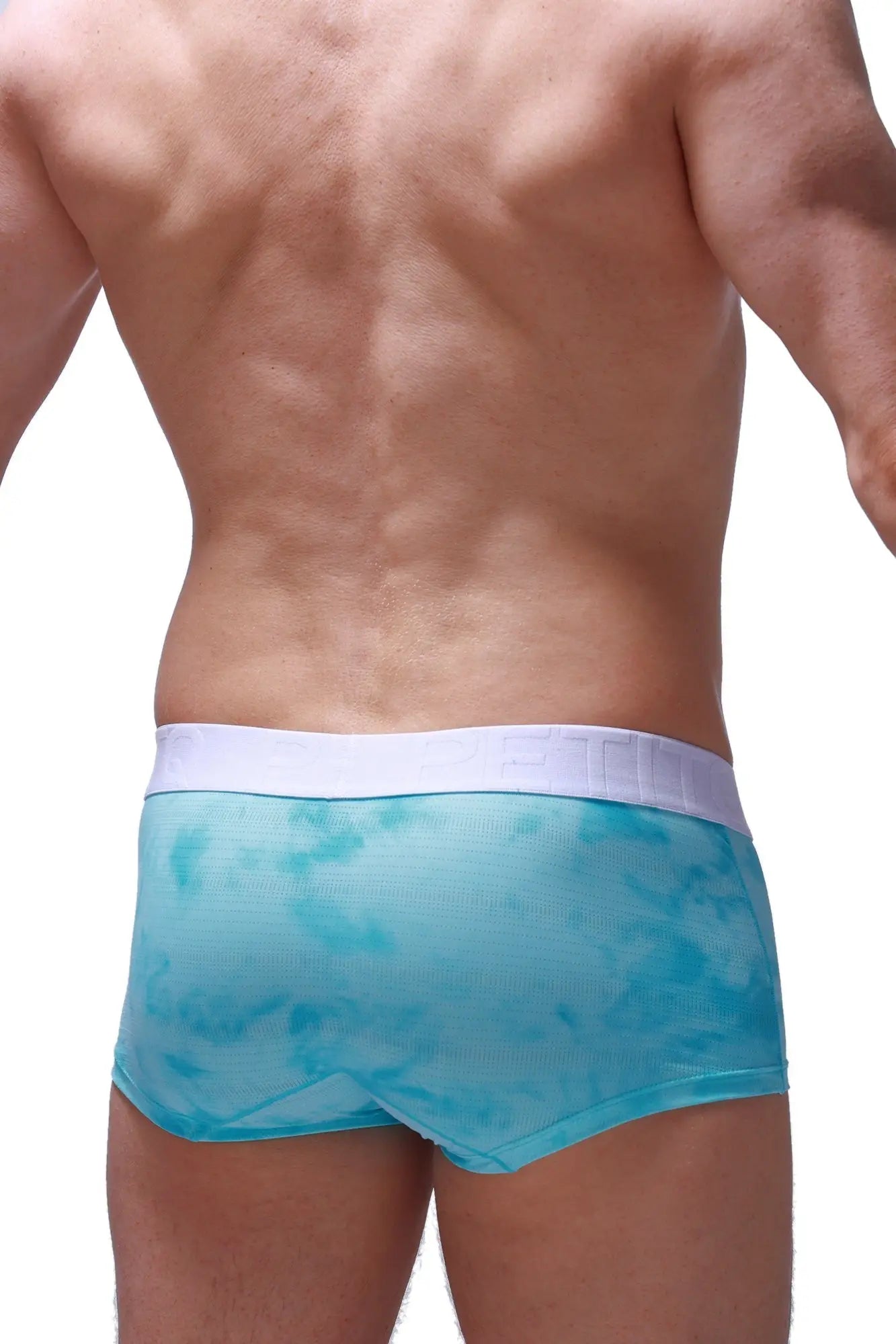 Boxer brief marbre green light blue tie dye mesh briefs with white elastic waistband front view