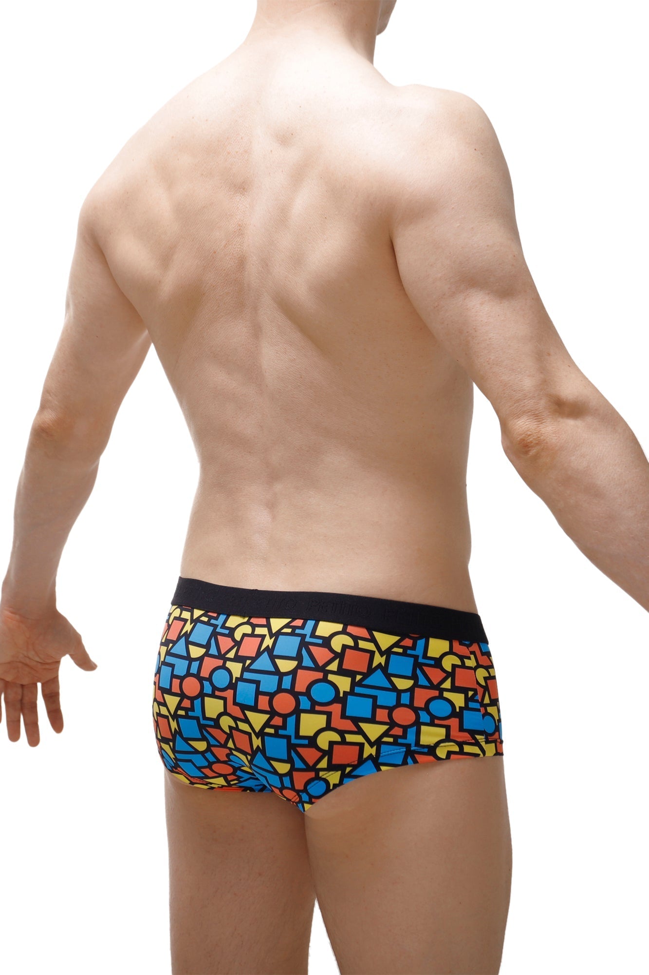 PetitQ boxer brief Mondi featuring vibrant geometric patterns and a bold black waistband for men