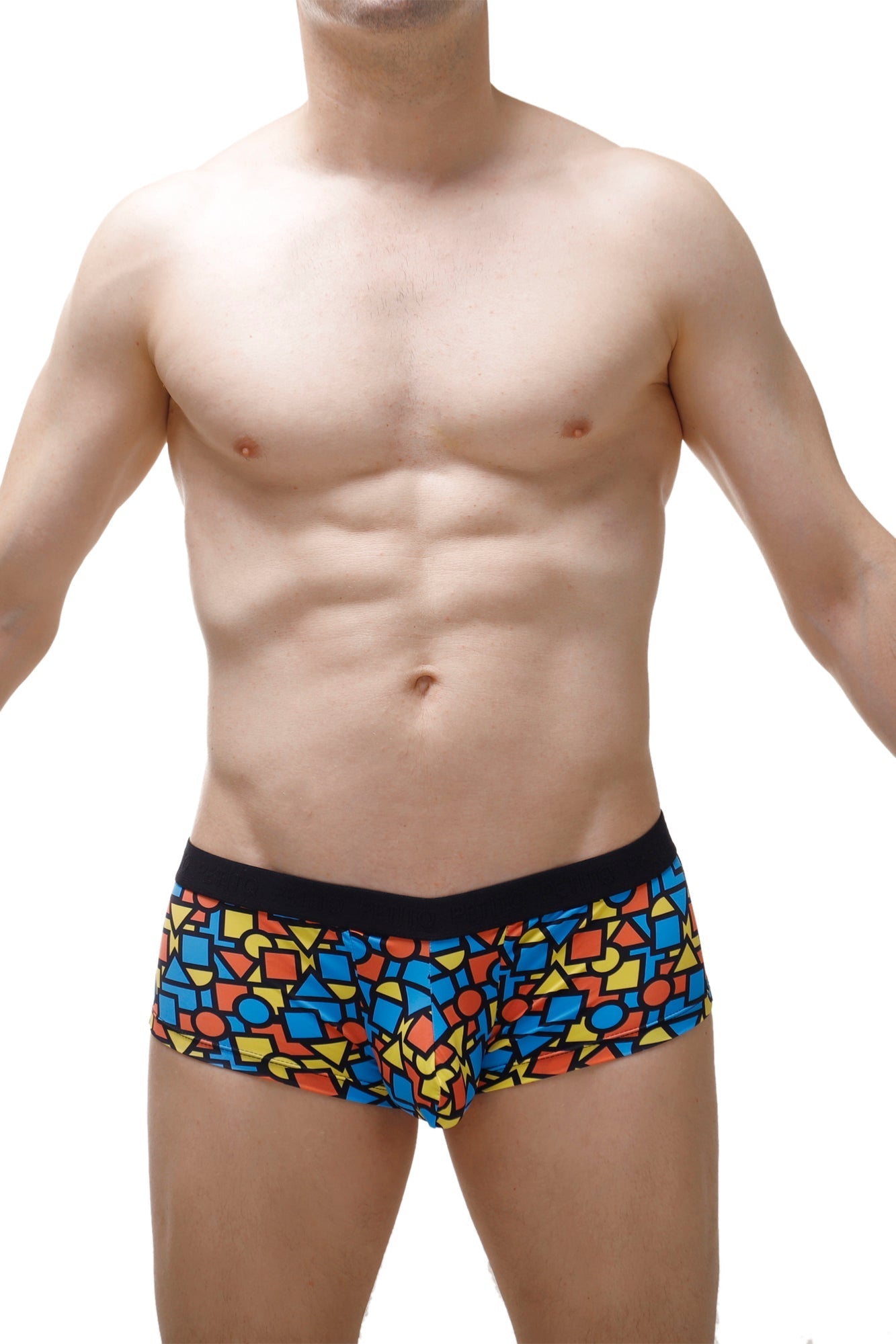 Colorful geometric-patterned petitq boxer brief mondi with black waistband for men made of soft breathable fabric