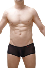Black sheer mesh boxer brief murol lace with a subtle red logo on the waistband