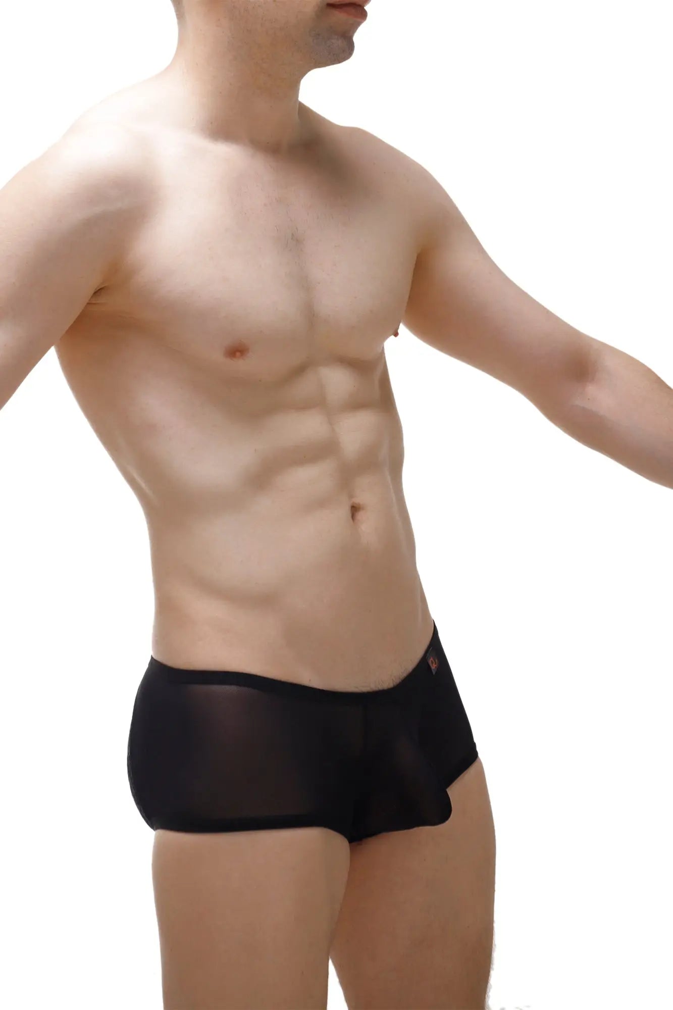 Black sheer mesh boxer brief murol lace with subtle red logo on the side crafted from lightweight breathable fabric