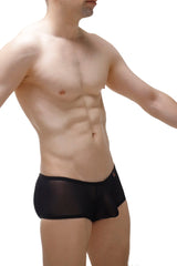 Black sheer mesh boxer brief murol lace with subtle red logo on the side crafted from lightweight breathable fabric