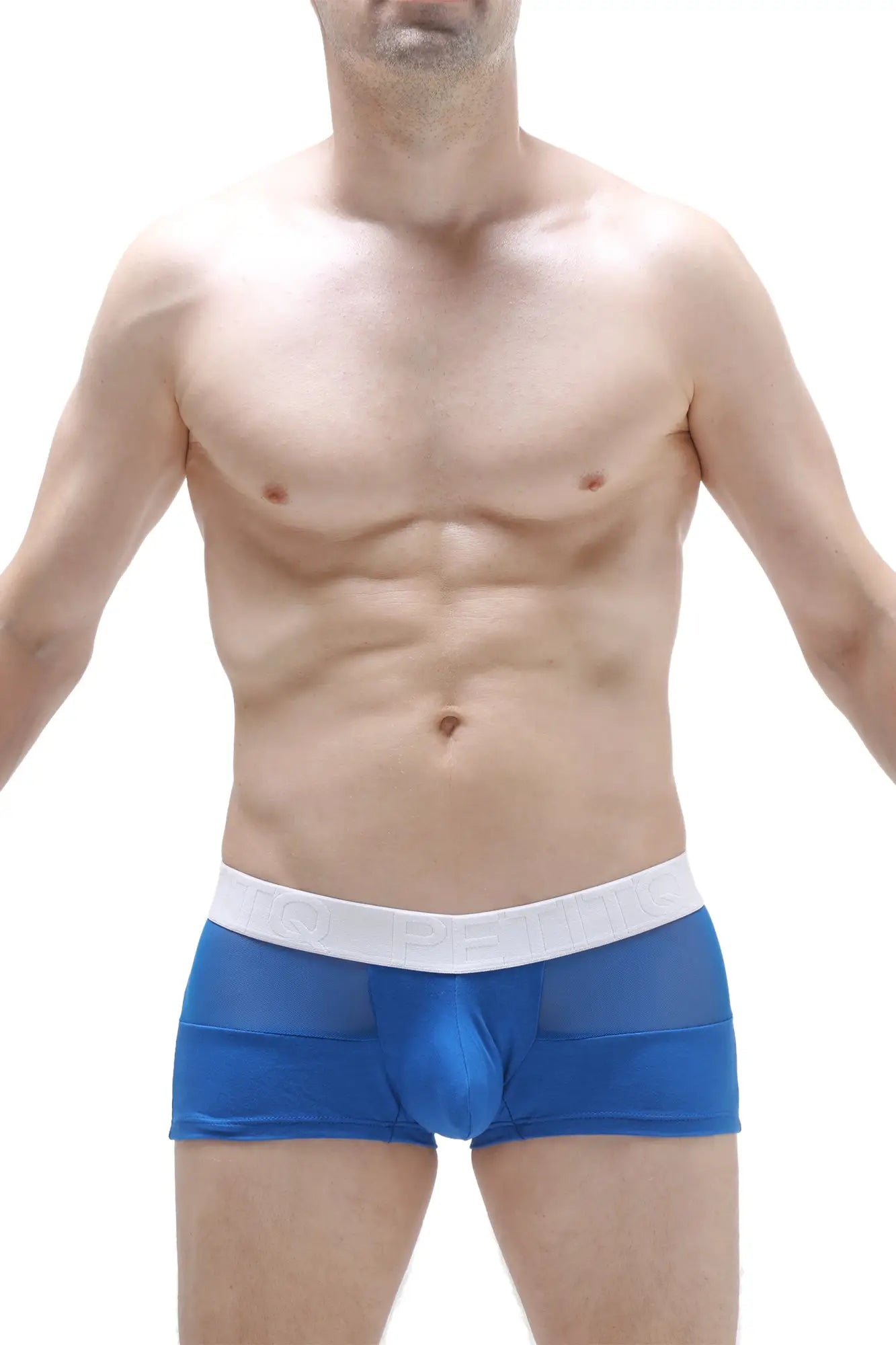 Blue mesh boxer brief osly blue with white waistband featuring breathable fabric for comfortable wear