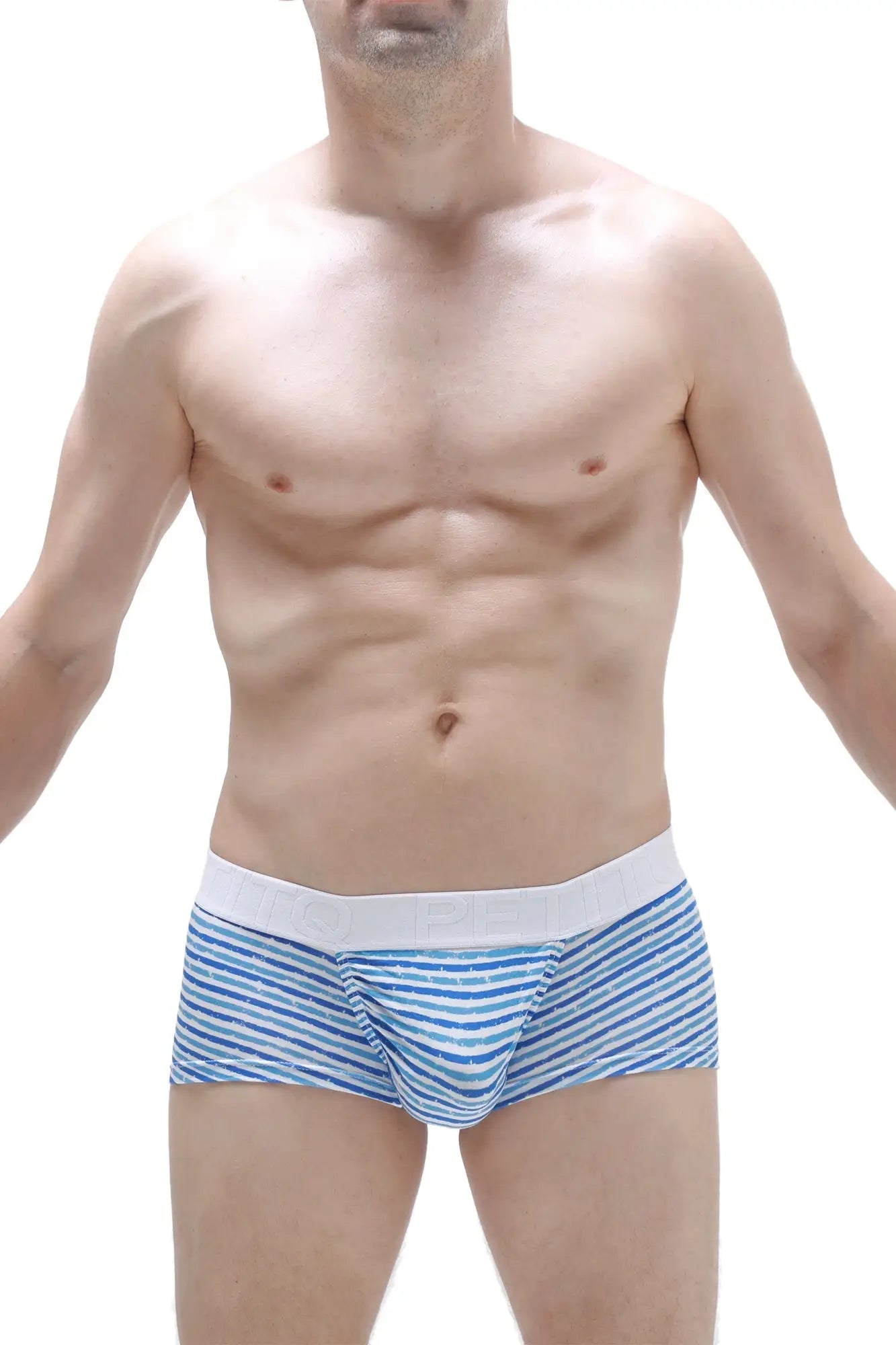 Blue and white striped boxer brief taik malo with solid white waistband made from breathable fabric for everyday comfort