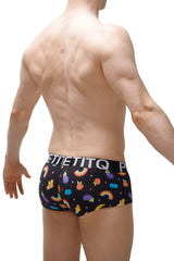 Boxer brief Taik Sitges featuring black fabric with vibrant rainbows fruits and geometric shapes in yellow purple blue and orange