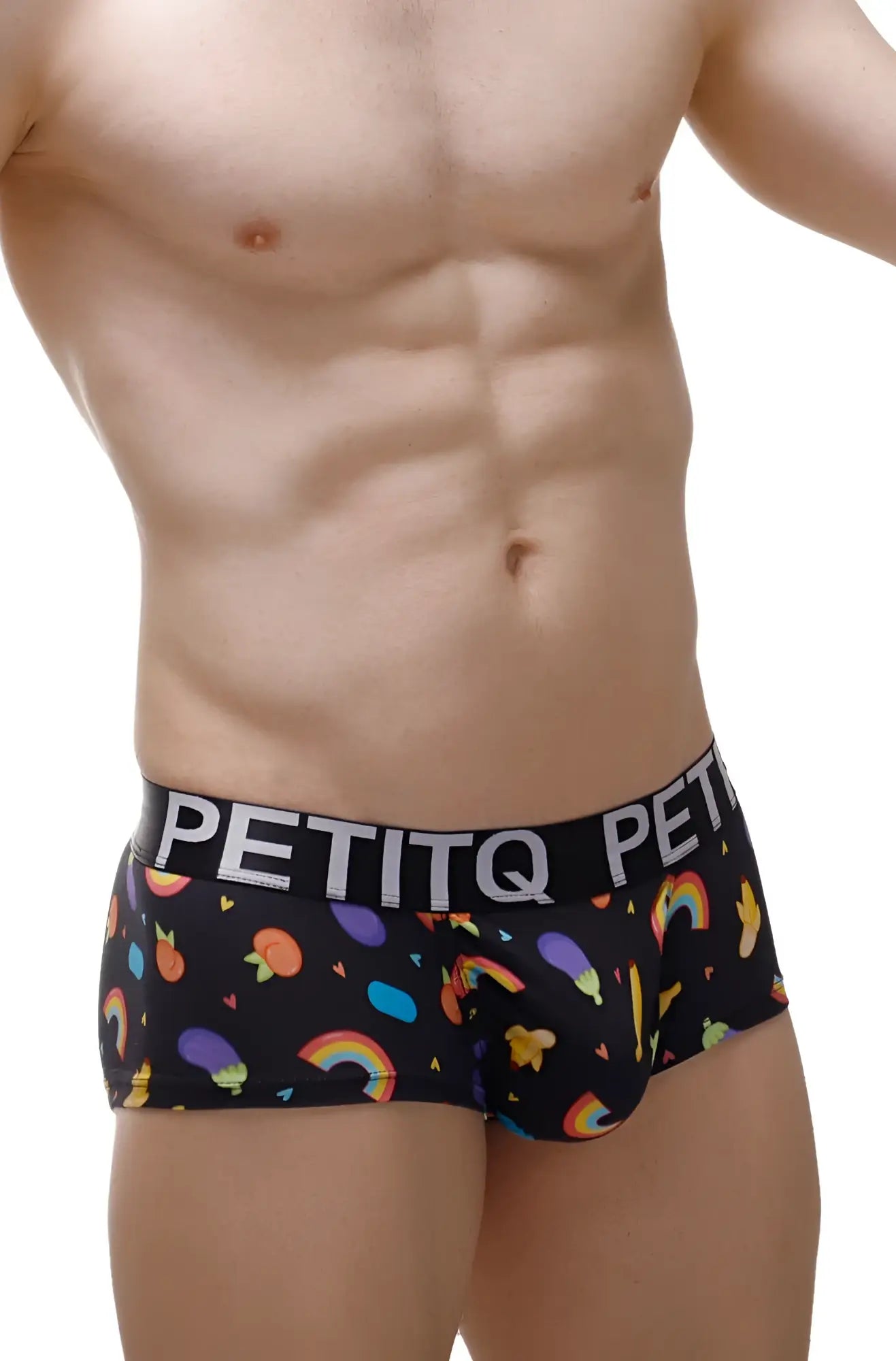 Boxer brief Taik Sitges featuring black fabric with vibrant rainbow fruit and geometric pattern for comfortable wear