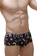 Boxer brief Taik Sitges featuring black fabric with vibrant rainbow fruit and geometric pattern for comfortable wear