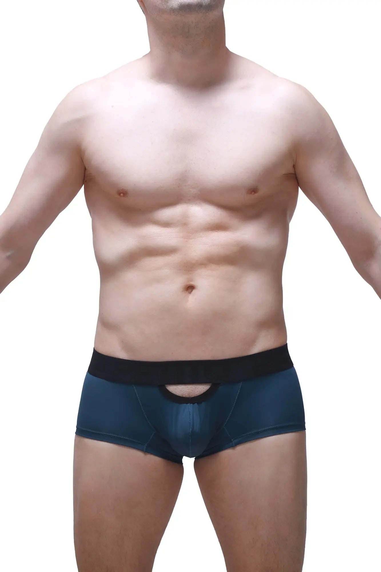 Dark blue boxer cabrier prussian blue briefs with black elastic waistband and central cutout design for comfort