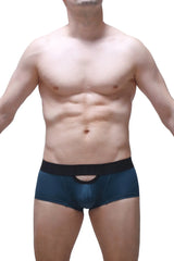 Dark blue boxer cabrier prussian blue briefs with black elastic waistband and central cutout design for comfort