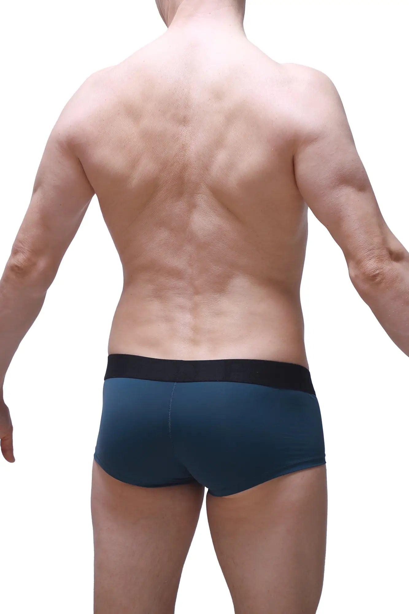 Dark teal boxer briefs with a black elastic waistband prussian blue color and soft breathable fabric