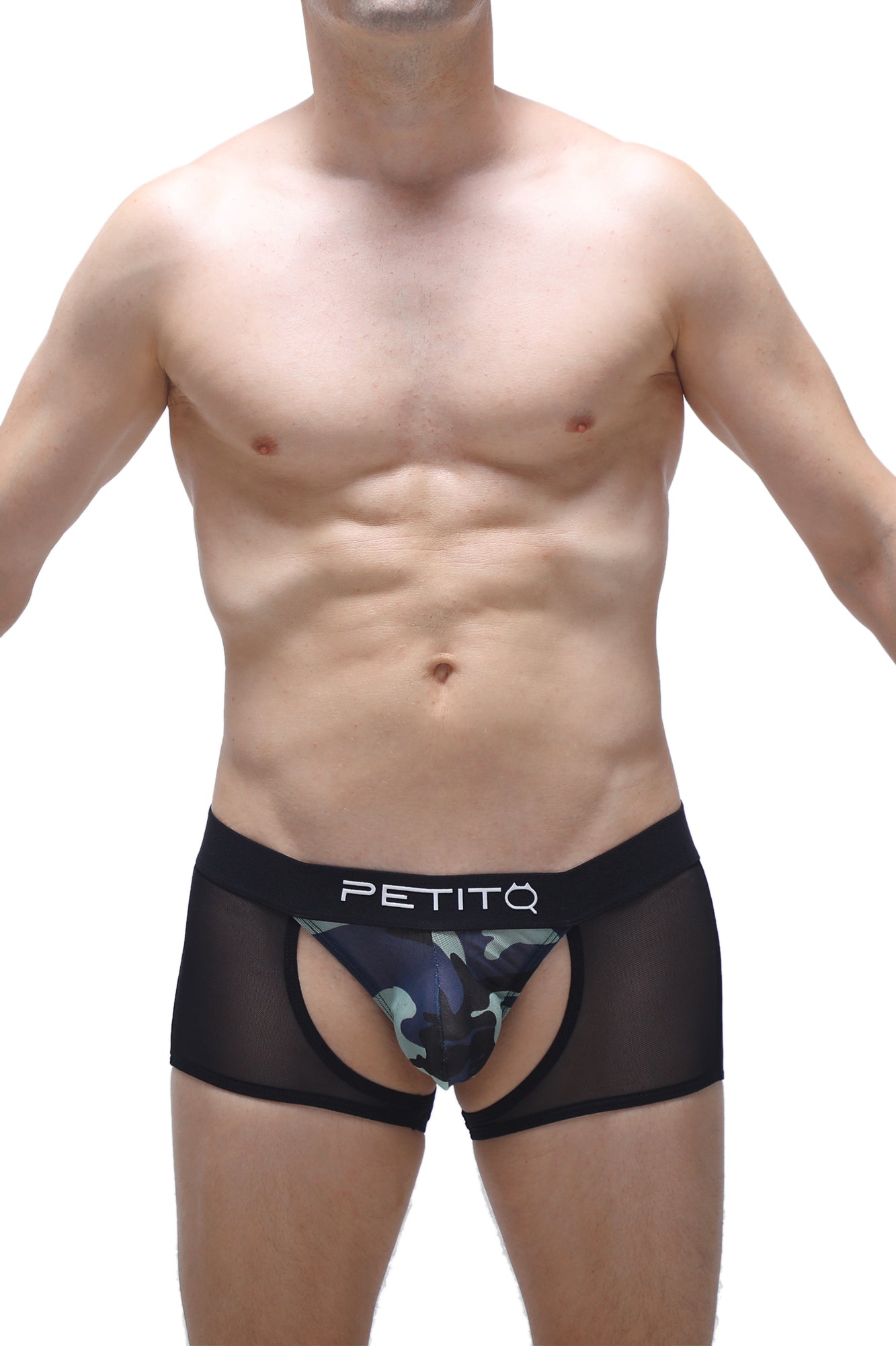 Black mesh boxer briefs with camouflage pattern and petitq branded waistband boxer limay net camo design