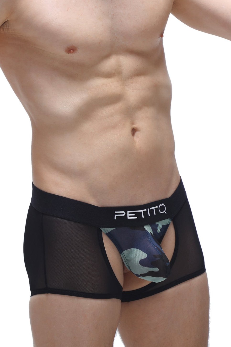 Black mesh boxer briefs with camouflage pouch and petitq branded waistband in the boxer limay net camo style