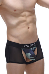 Black mesh boxer briefs with camouflage pouch and petitq branded waistband in the boxer limay net camo style