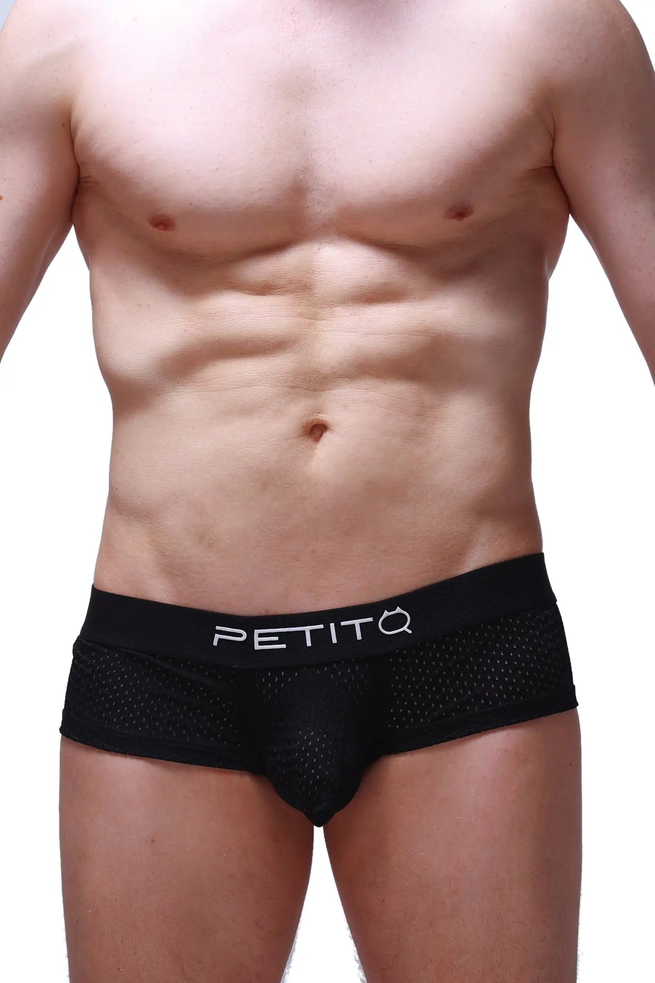 Black mesh boxer chill bee briefs with a white petitq logo on the waistband for breathable comfort