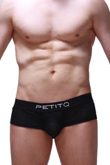 Black mesh boxer chill bee briefs with a white petitq logo on the waistband for breathable comfort