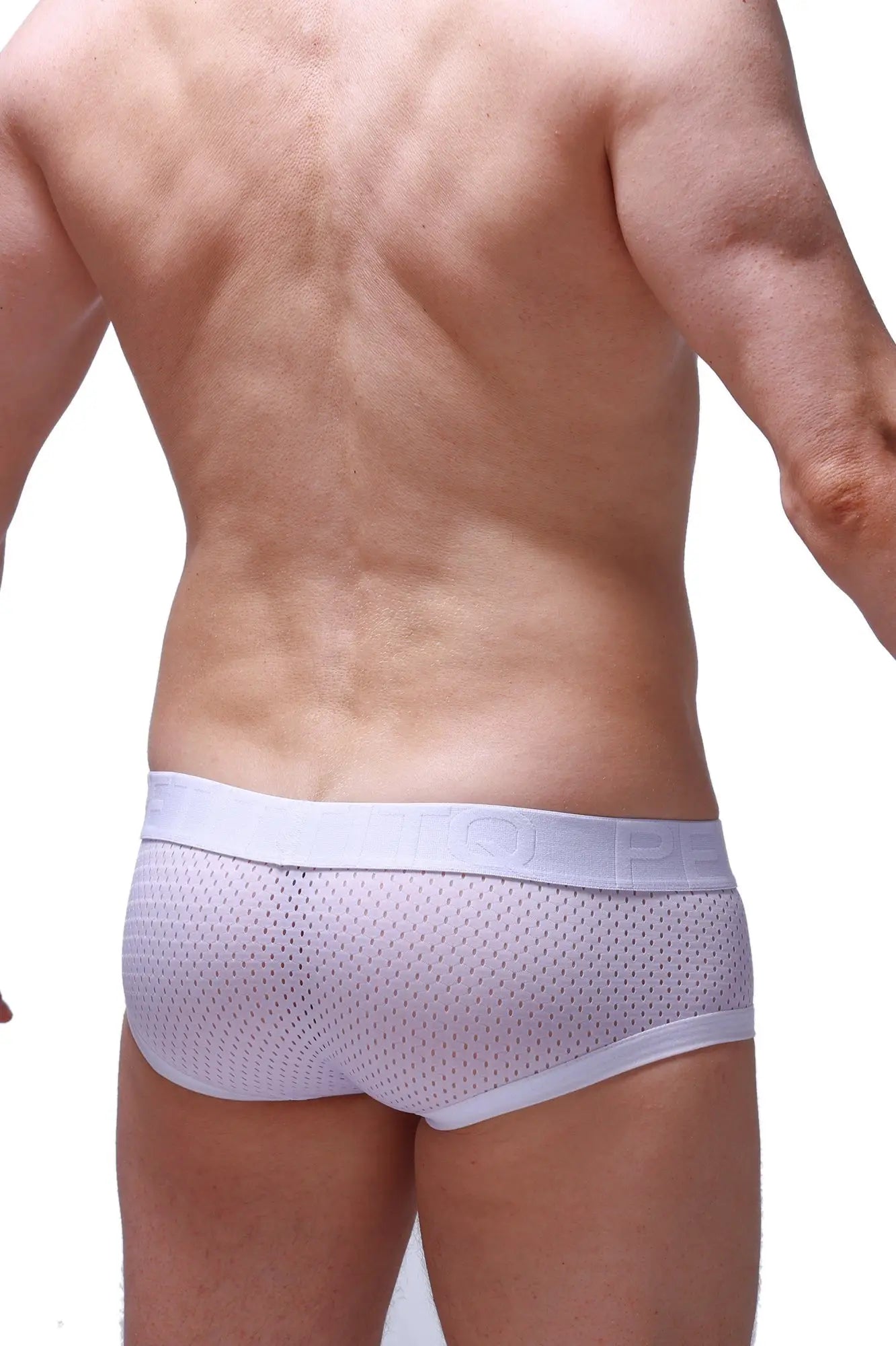 White mesh boxer briefs with solid white waistband featuring subtle qube branding from the chill bee white line