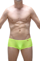 Neon green sheer men’s briefs boxer chill net neon yellow with a small red logo on the waistband front view