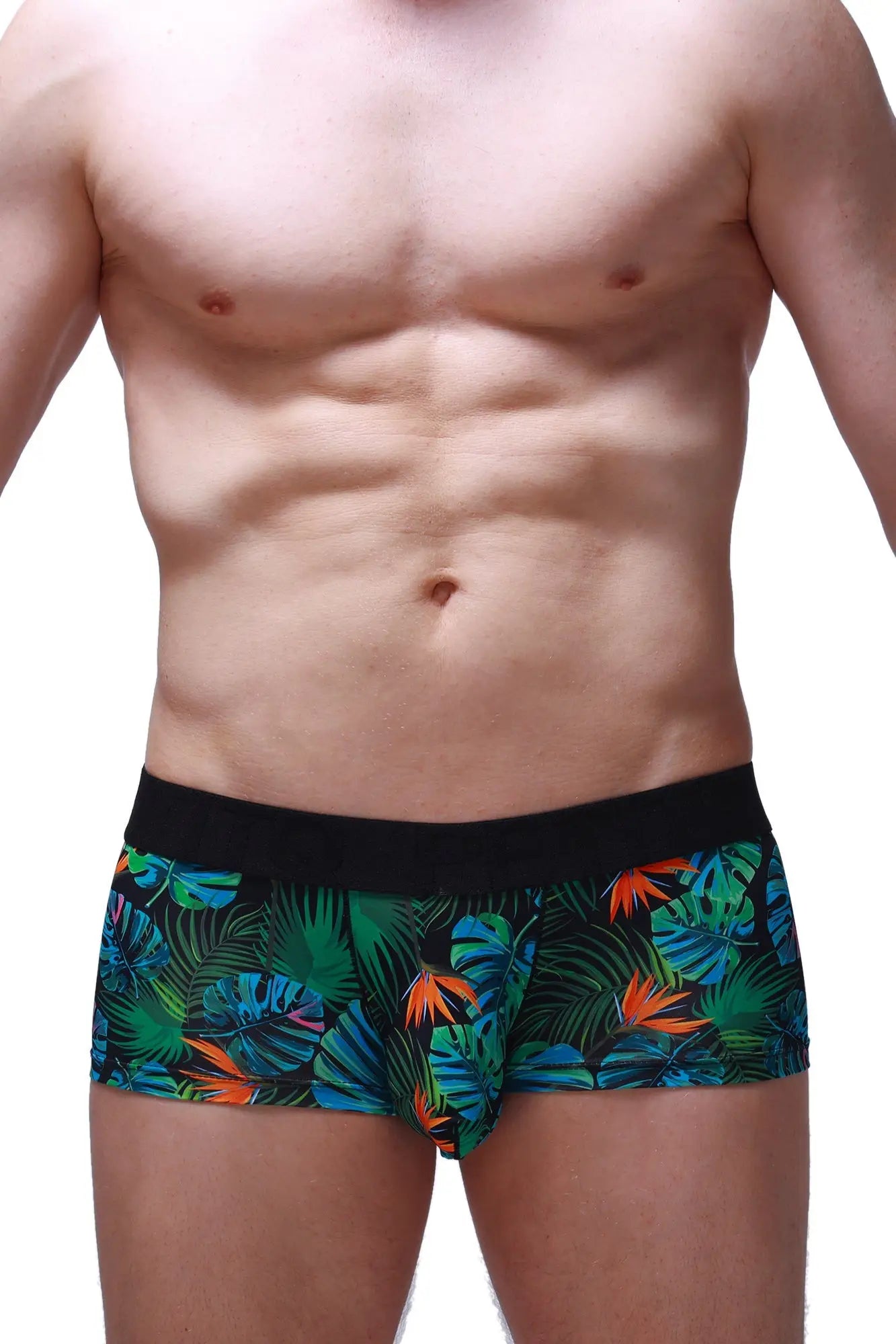 Boxer chill souarce tropical boxer briefs with tropical leaf pattern and black waistband in soft fabric