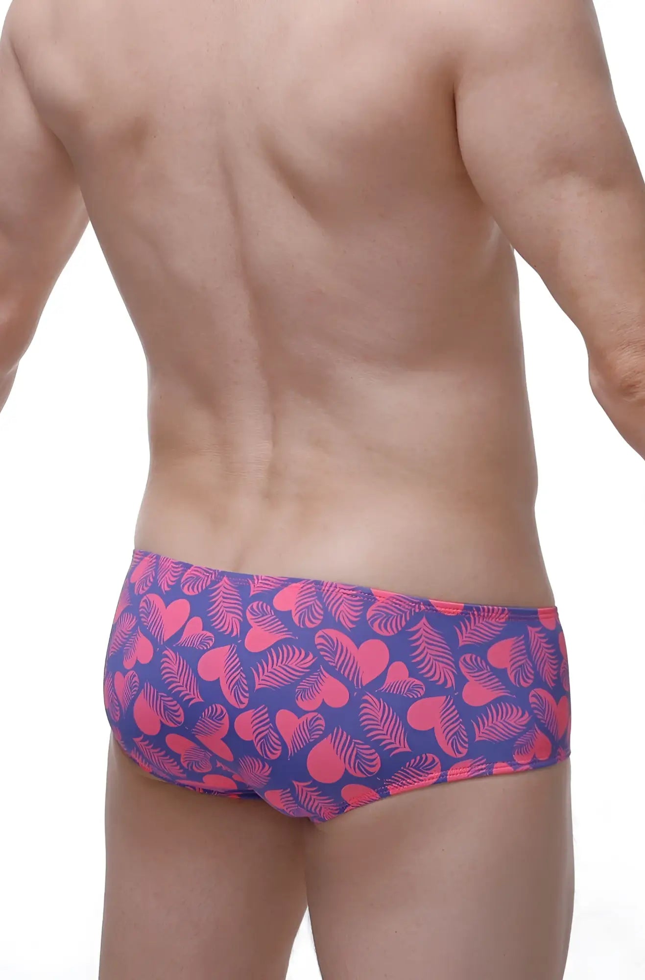 Men’s swim trunks with purple and pink heart and leaf pattern designed for tropical chill settings