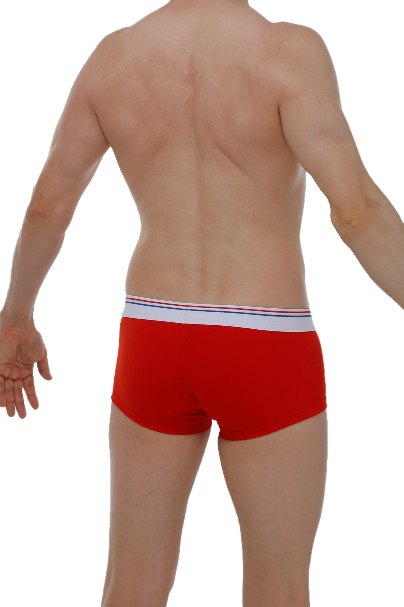 Red petitq boxer chillax modal briefs with white waistband and thin blue and red stripes