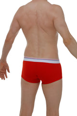 Red petitq boxer chillax modal briefs with white waistband and thin blue and red stripes