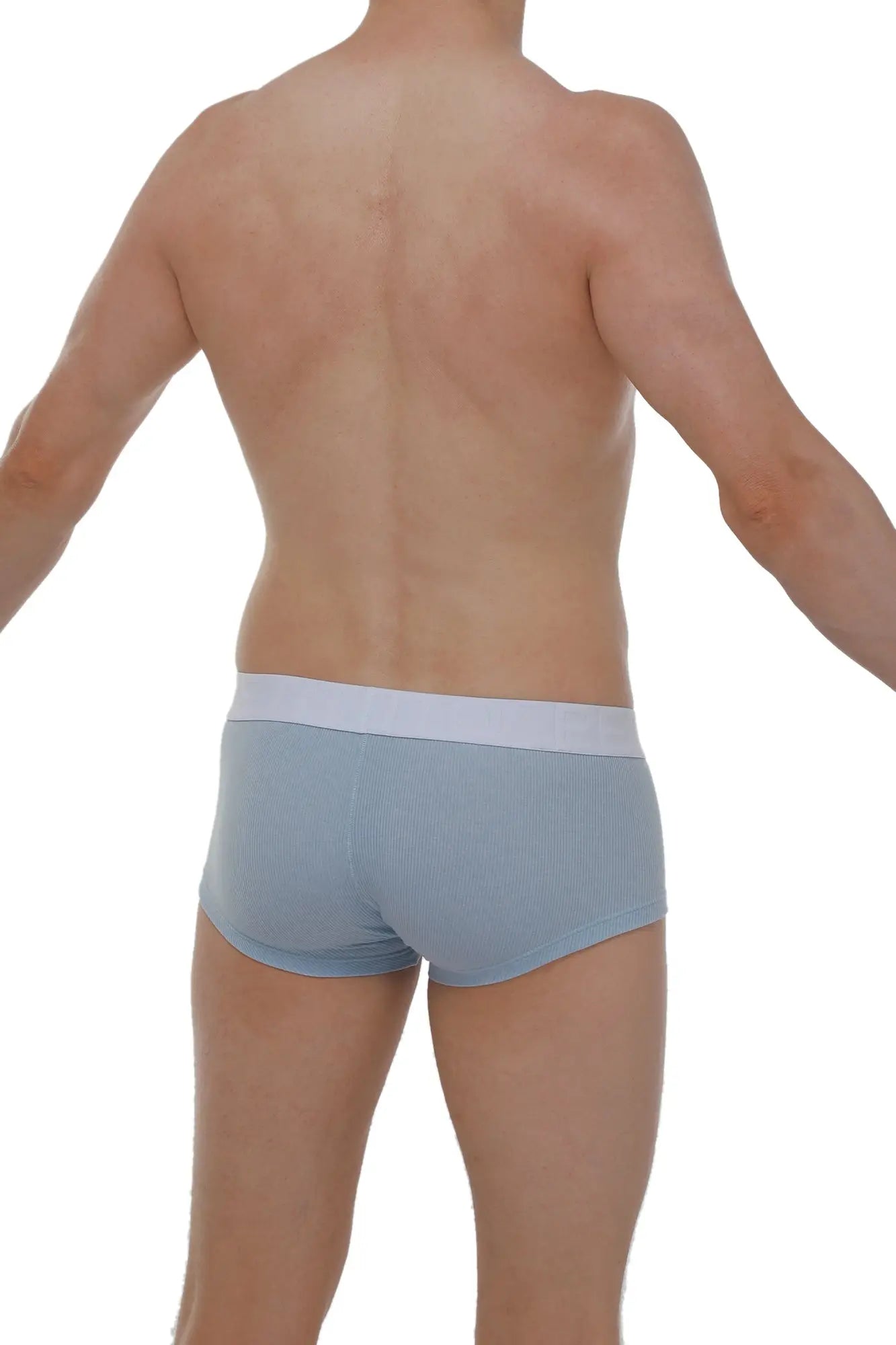 Light blue ribbed boxer briefs with white elastic waistband made for chillax comfort and support