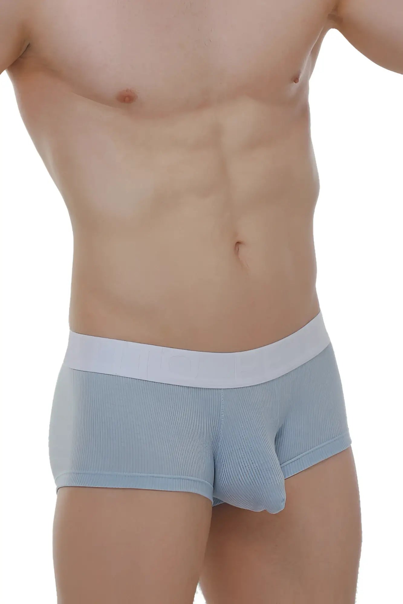 Light blue ribbed boxer briefs with white elastic waistband designed for comfort and chillax wear