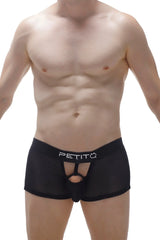 Black petitq men’s briefs with sheer mesh front and central cutout in boxer cockring net black detachable design
