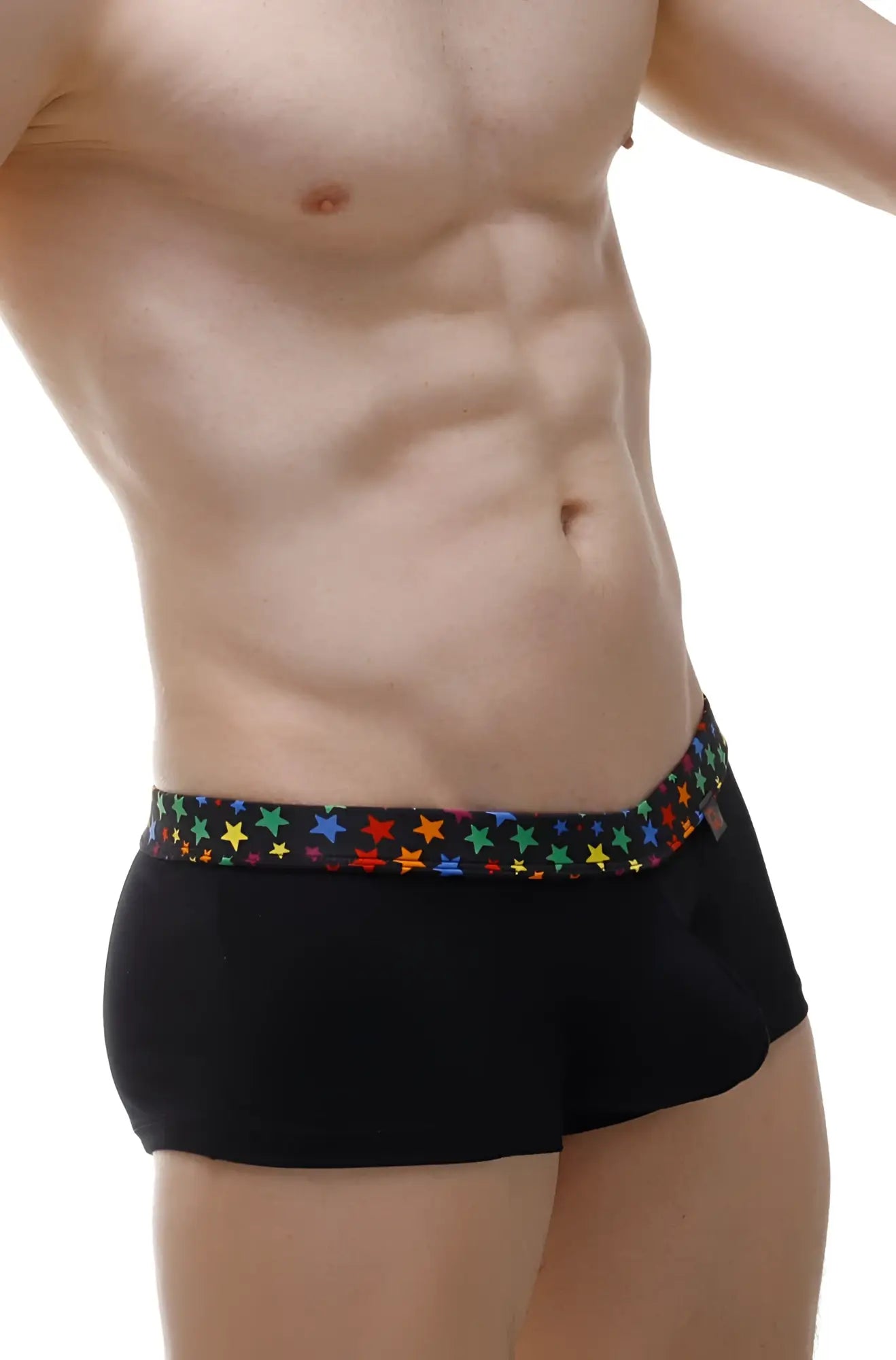 Black boxer coudoux briefs with a colorful rainbow star pattern along the waistband front view