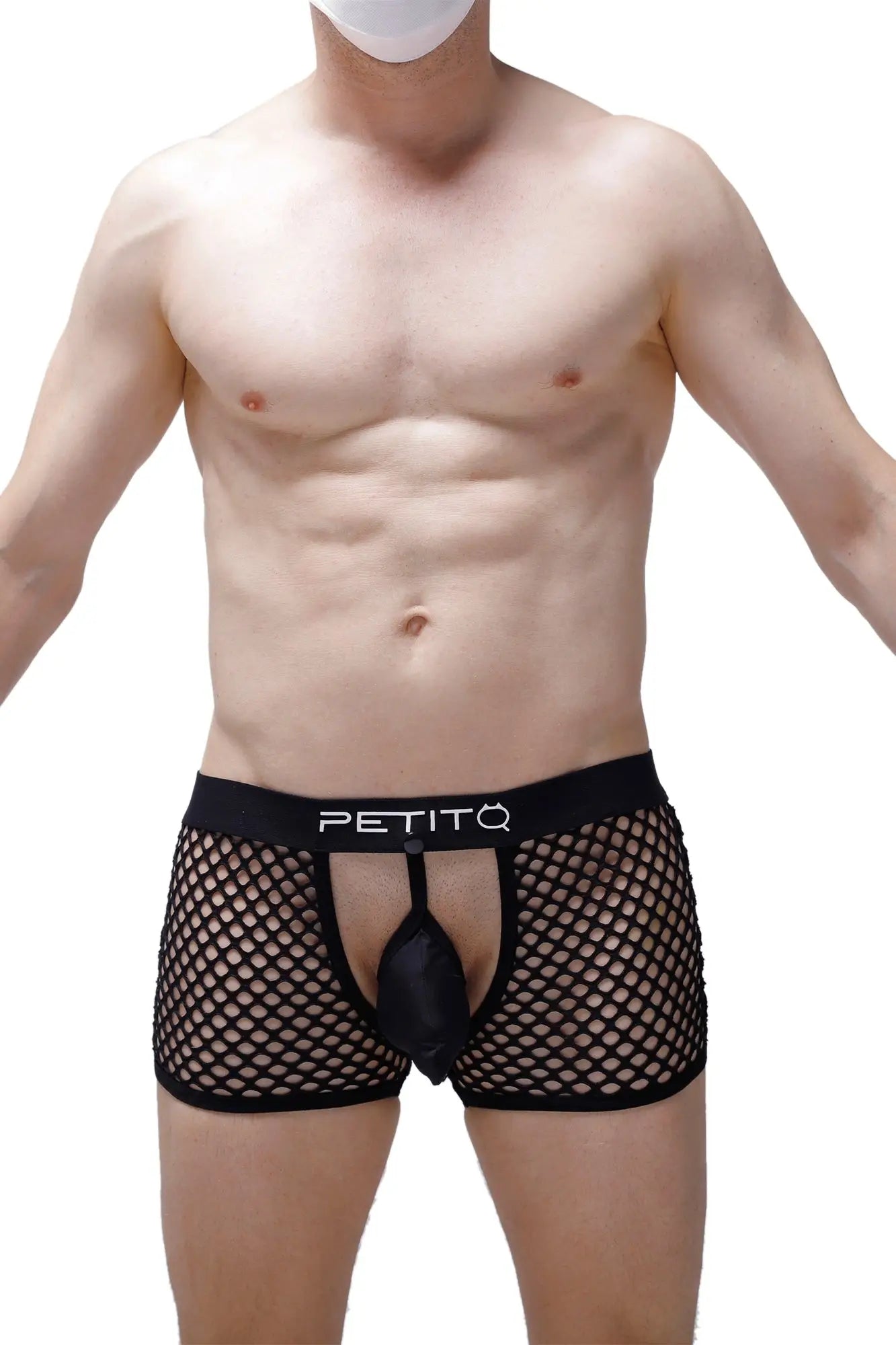 Black mesh boxer briefs with central pouch and petitô branded waistband for breathable comfort