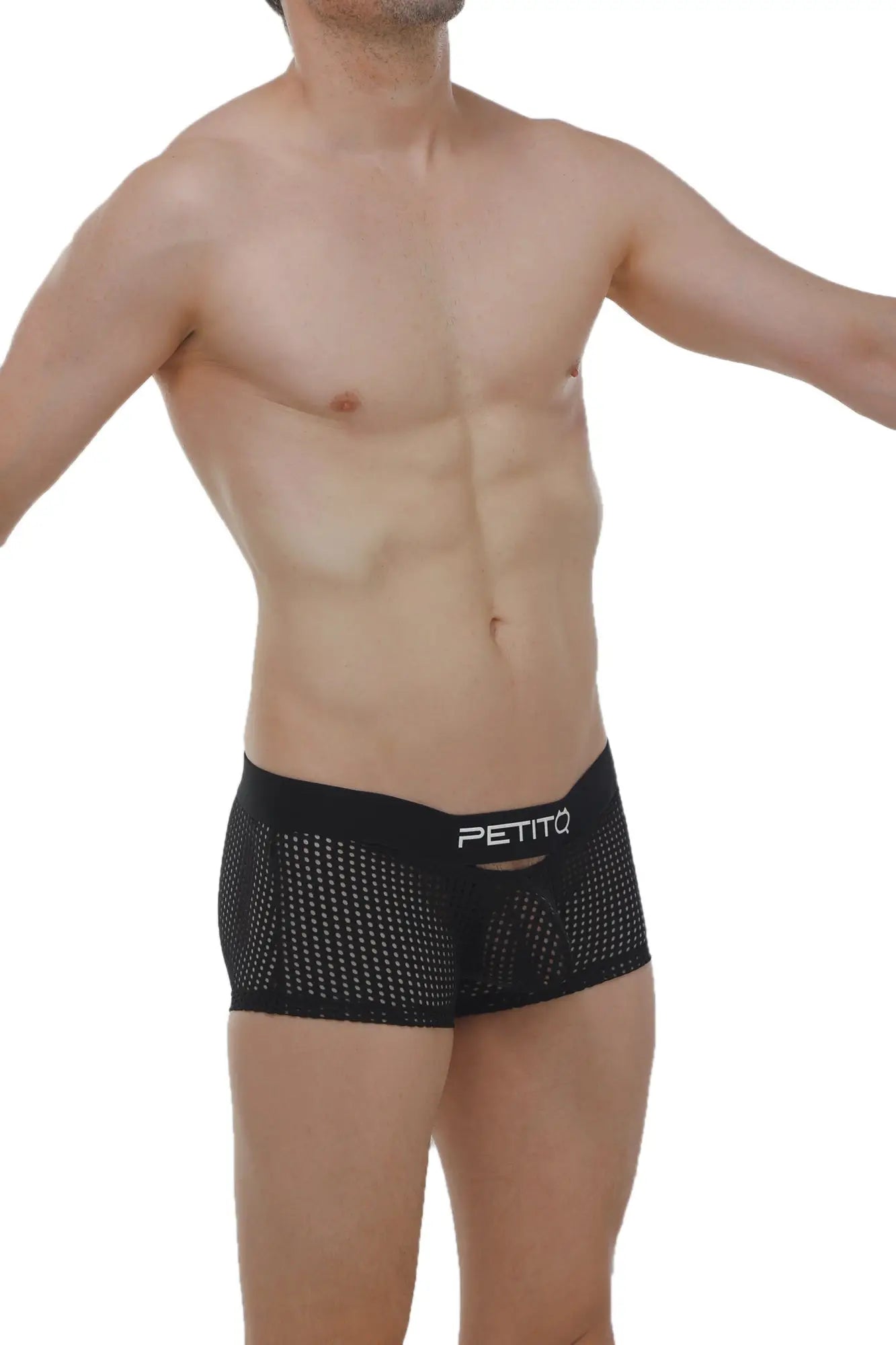 Black mesh boxer briefs durtol with white petitq logo on waistband for breathable comfort and style