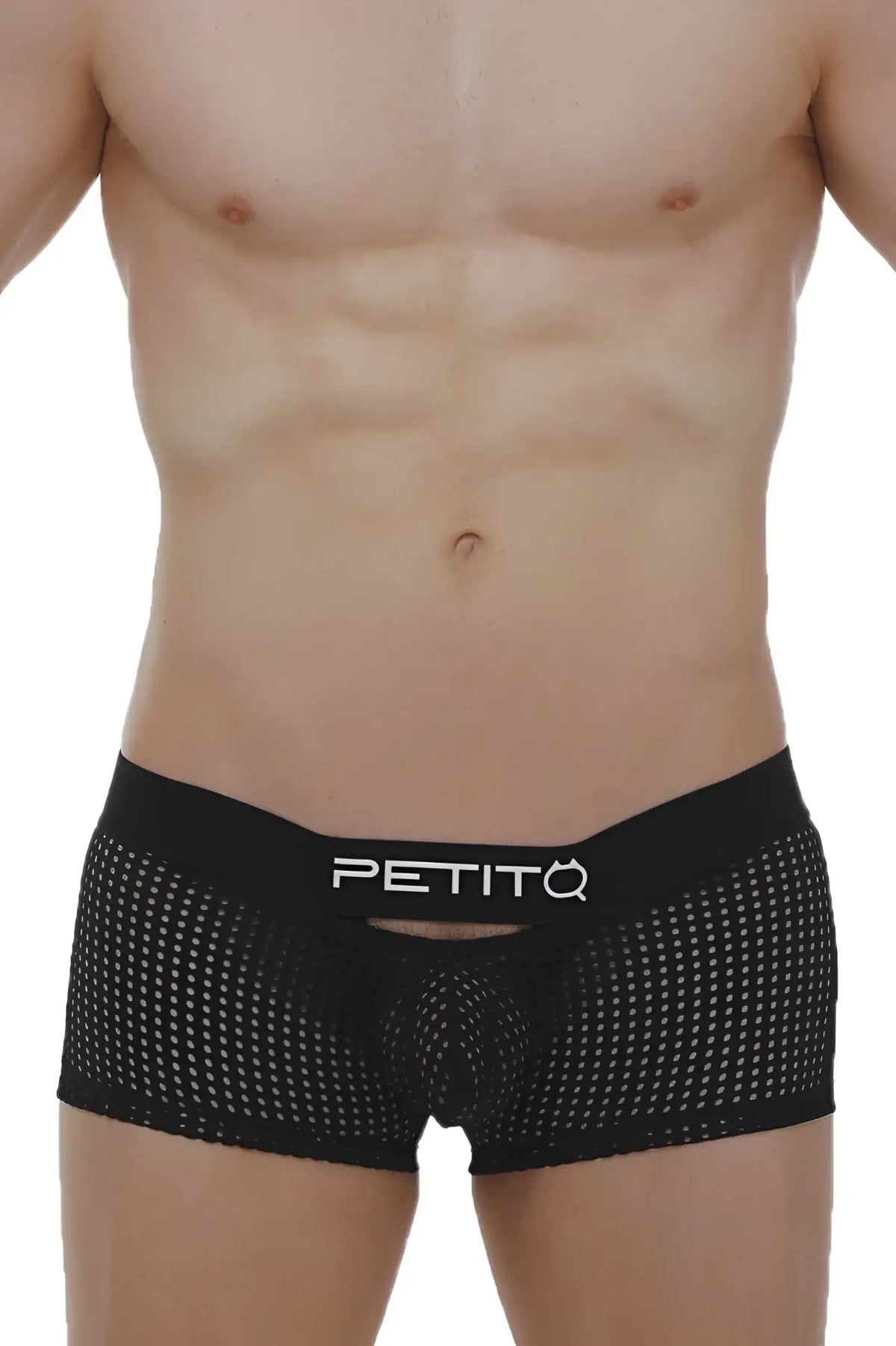 Black mesh boxer briefs dolmen durtol featuring white petitq logo on waistband for breathable comfort
