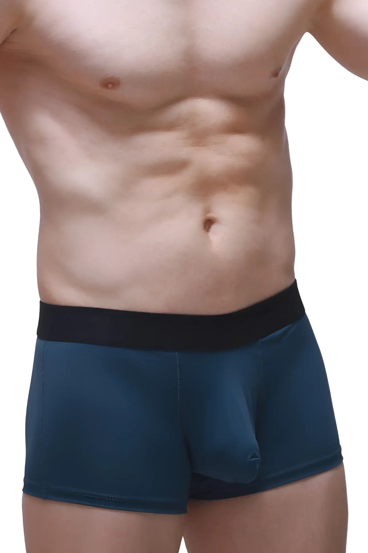 Dark teal boxer briefs with a black elastic waistband designed for comfort and support in prussian blue color