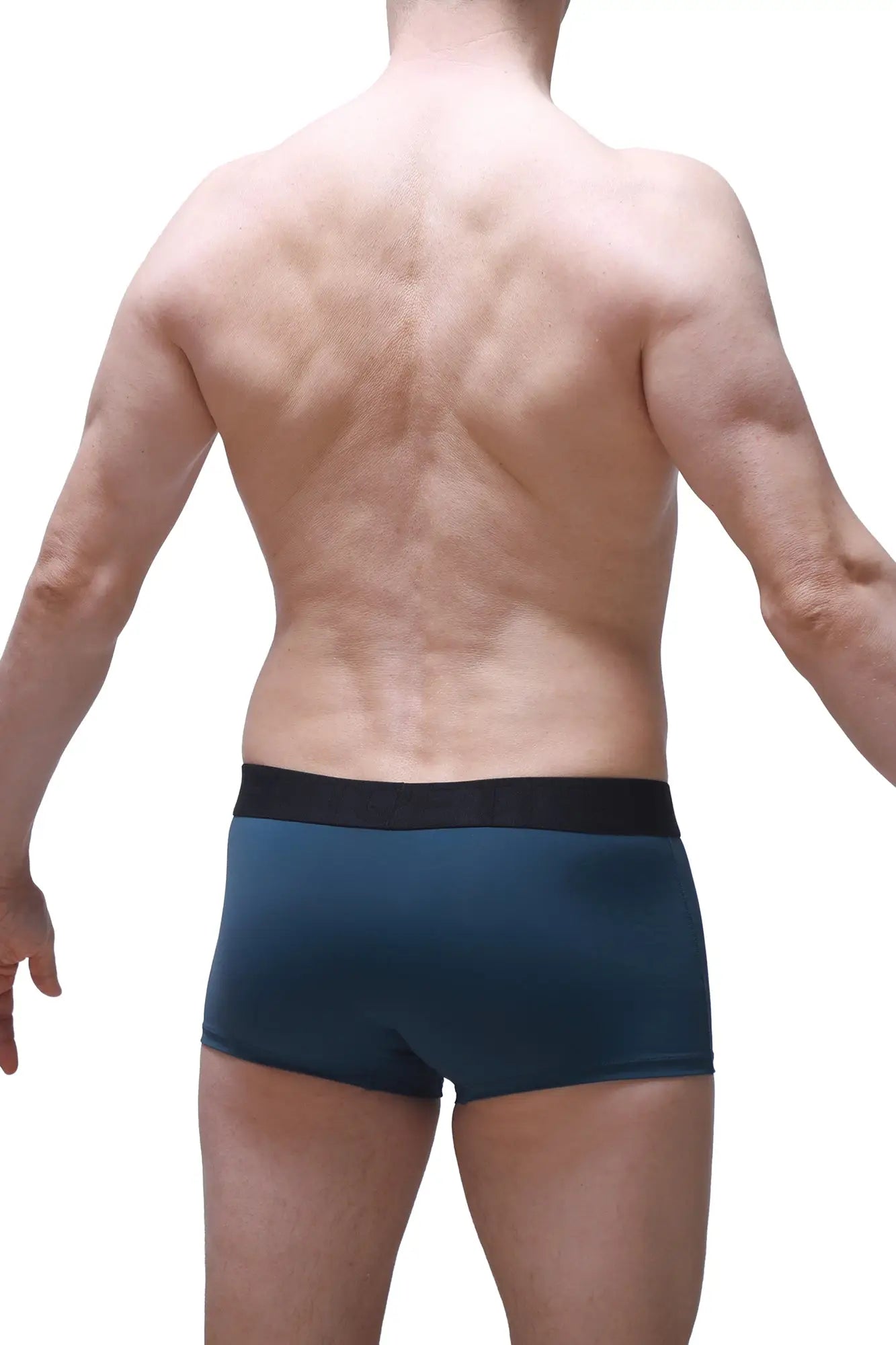 Dark teal boxer briefs with contrasting black elastic waistband designed for comfort and support in boxer hang prussian blue style
