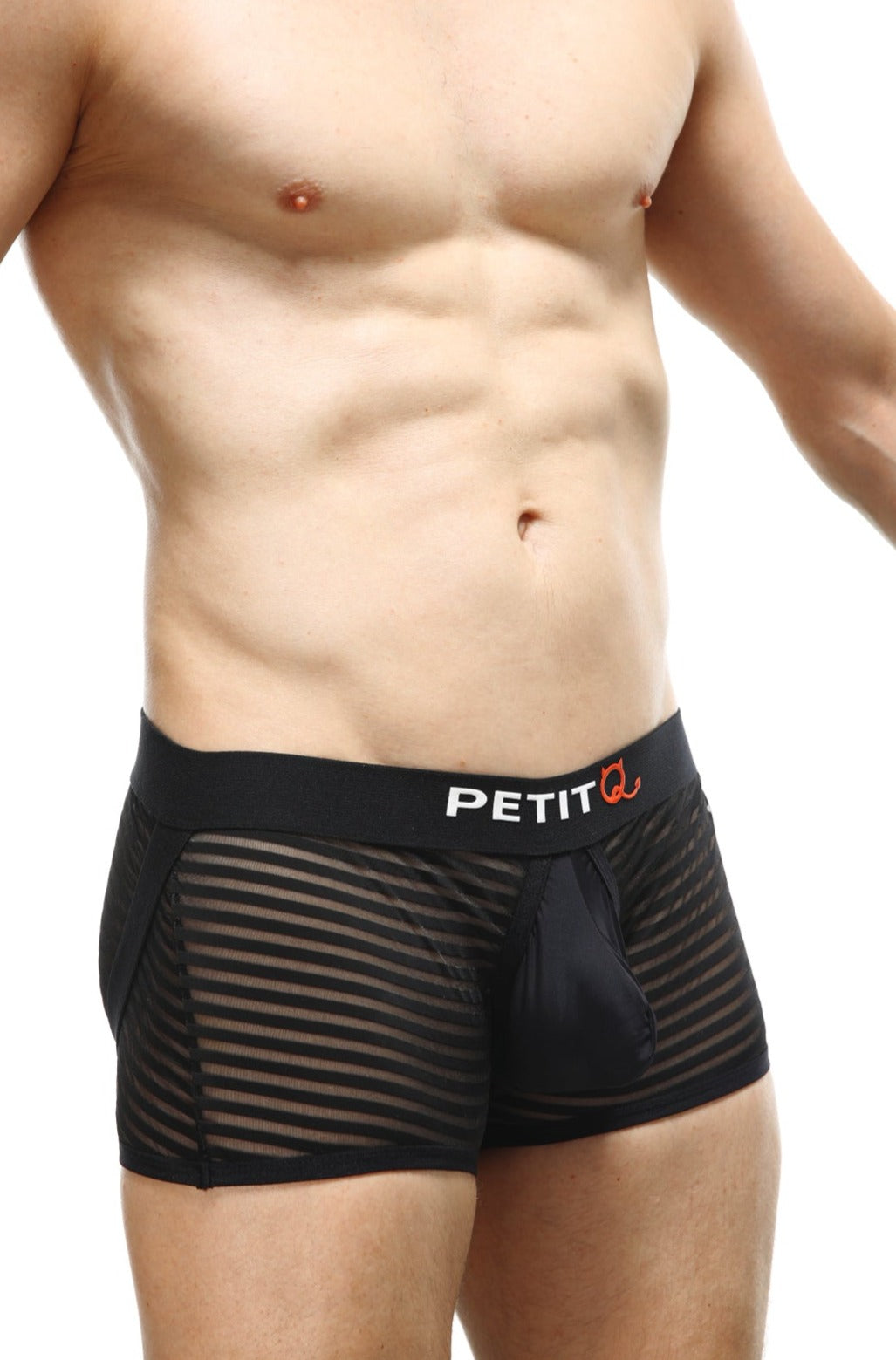 Black mesh boxer briefs with solid black waistband featuring petit logo in white and orange petitq boxer jock mesh bars